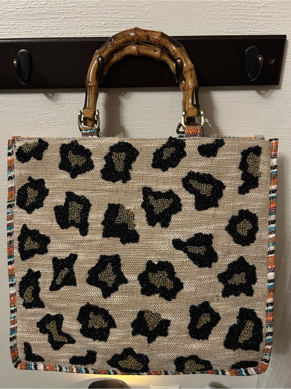 America and Beyond Woven Leopard Bead Tote with Bamboo Handles NWT